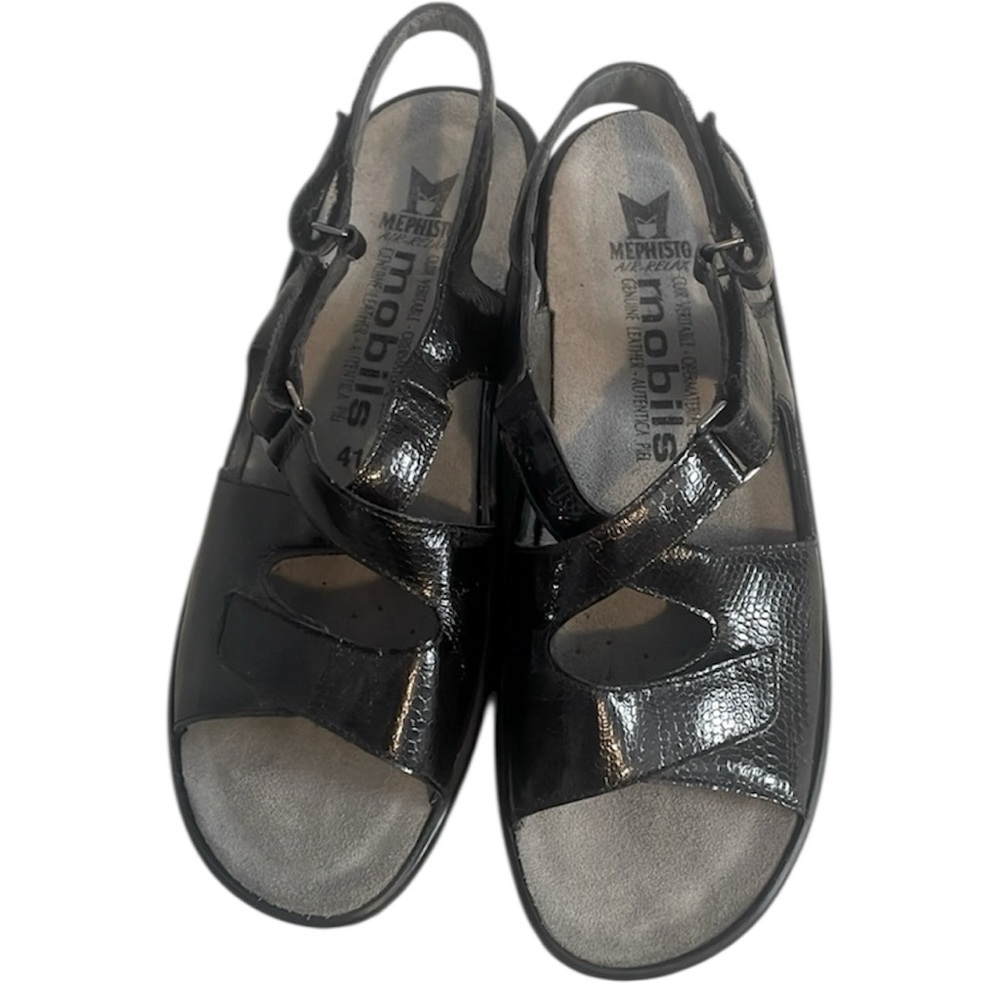 Mephisto  Women’s Mobils Black Leather Wedge Sandal size 41